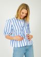 GANNI F9184 Stripe Cotton Puff Sleeve in Silver Lake Blue For Sale