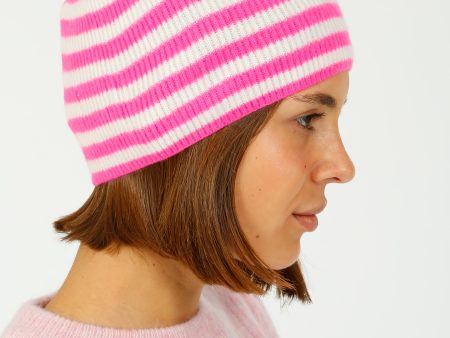 JU Narrow Stripe Rib Beanie in Hot Pink For Discount