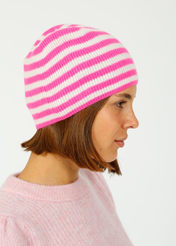 JU Narrow Stripe Rib Beanie in Hot Pink For Discount