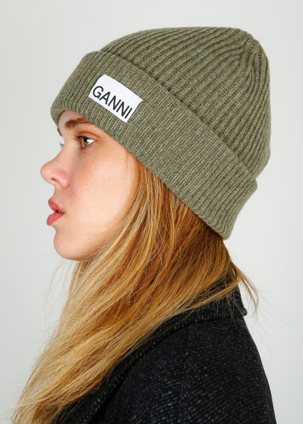 GANNI A5354 Rib Knit Beanie in Dusty Olive Hot on Sale