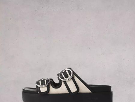 R&B Geo Buckle Platform Slide in Antique Black, White For Sale