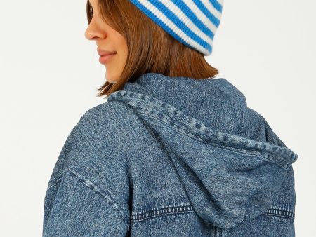 JU Narrow Stripe Rib Beanie in Sky Cream Online