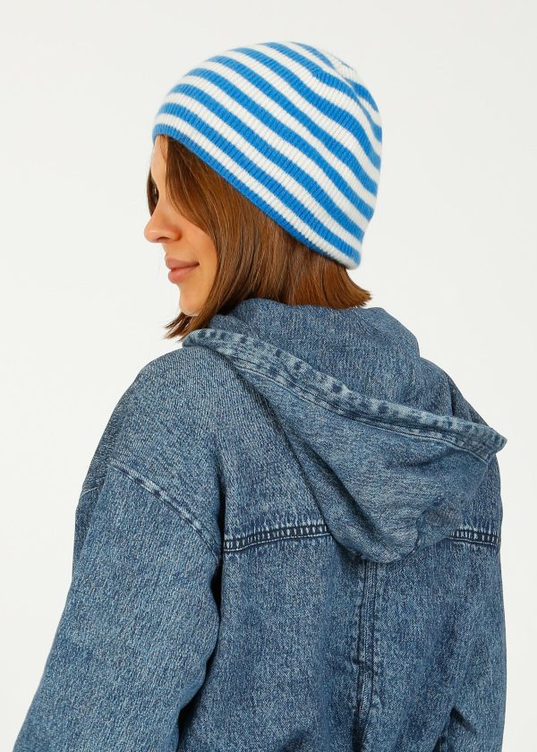 JU Narrow Stripe Rib Beanie in Sky Cream Online