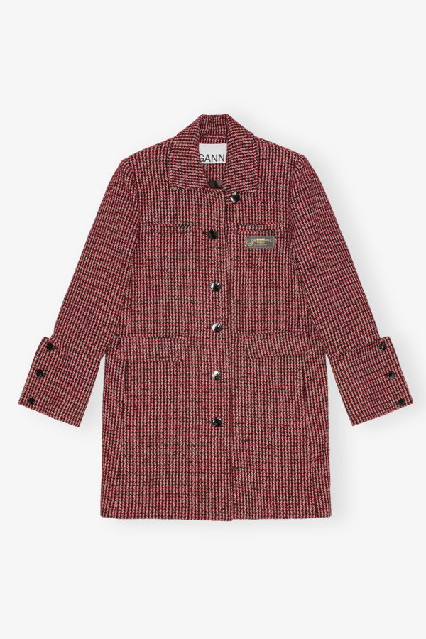 GANNI W0031 Woolen Check Midi Jacket in Racing Red Discount