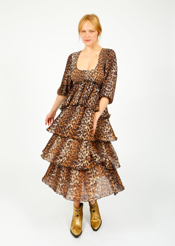 GANNI F8830 Leopard Flounce Smock Midi Dress For Cheap