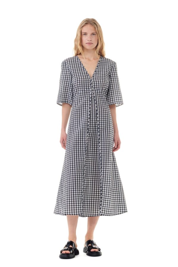 GANNI F9308 Seersucker Check Dress in Egret Hot on Sale