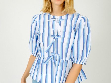 GANNI F9184 Stripe Cotton Puff Sleeve in Silver Lake Blue For Sale