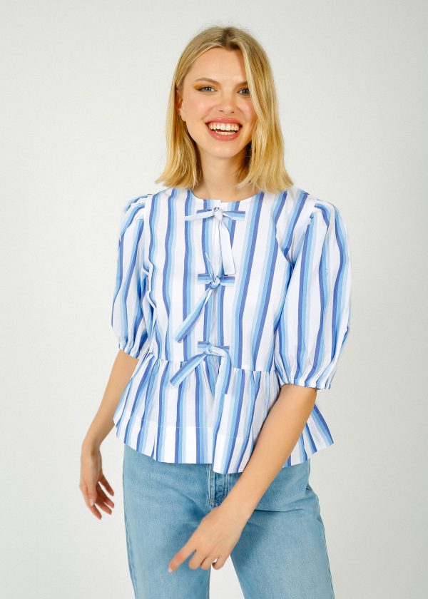 GANNI F9184 Stripe Cotton Puff Sleeve in Silver Lake Blue For Sale