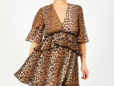 GANNI F8693 V Neck Flounce Leopard Mini Dress Sale