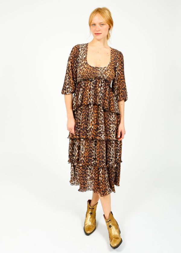 GANNI F8830 Leopard Flounce Smock Midi Dress For Cheap