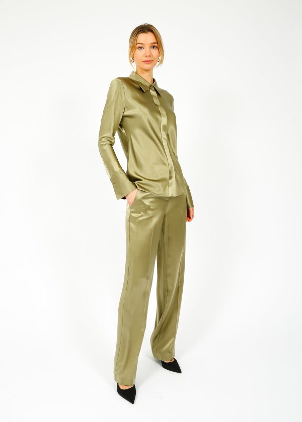 JOSEPH Tova Silk Satin Pant in Dark Olive Hot on Sale