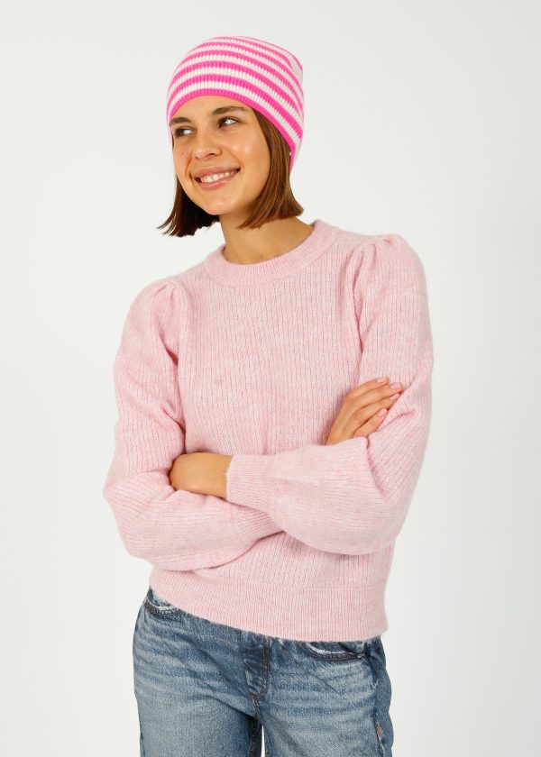 JU Narrow Stripe Rib Beanie in Hot Pink For Discount