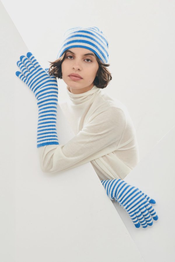 JU Narrow Stripe Rib Beanie in Sky Cream Online