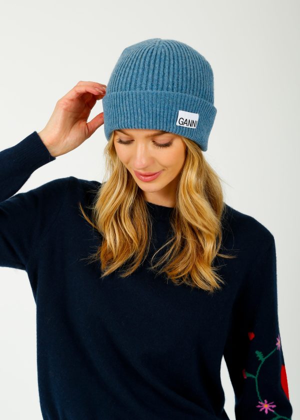 GANNI A6238 Rib Kit Beanie in Dusty Blue For Discount