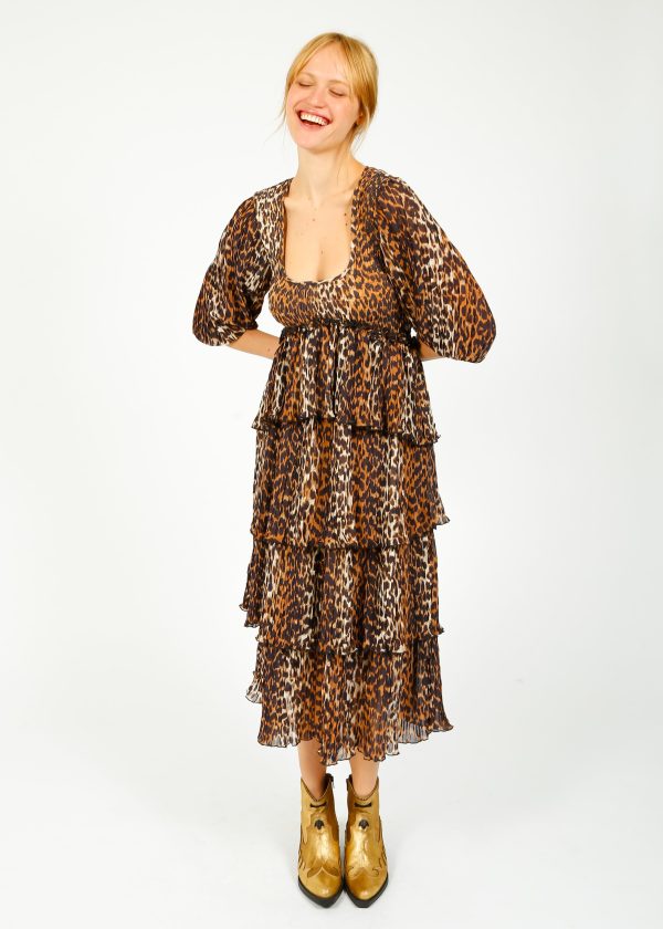 GANNI F8830 Leopard Flounce Smock Midi Dress For Cheap