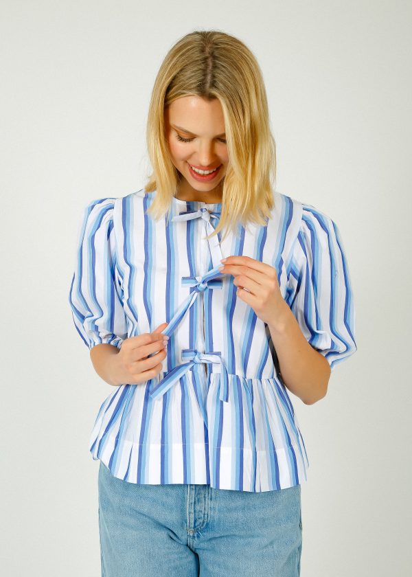 GANNI F9184 Stripe Cotton Puff Sleeve in Silver Lake Blue For Sale