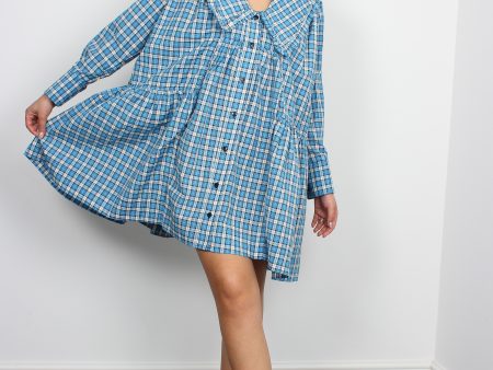 Ganni checked azure blue cotton-blend shirt dress Sale