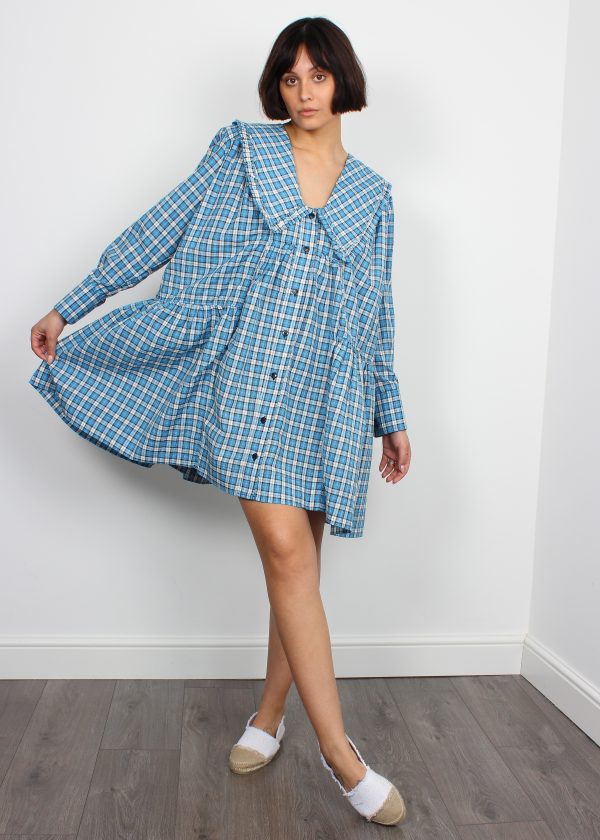 Ganni checked azure blue cotton-blend shirt dress Sale