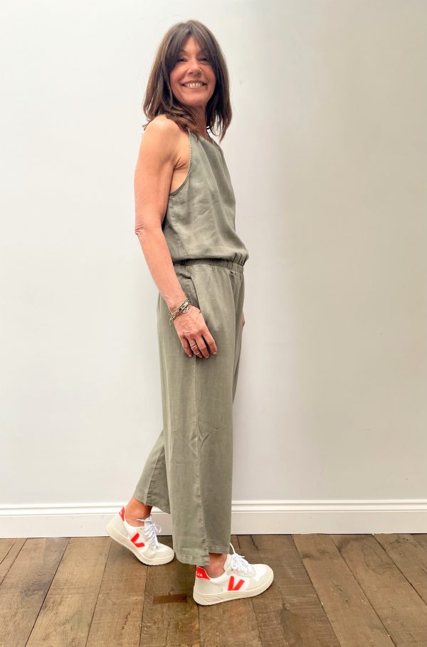 BD Fray Neck Wide Leg Jumpsuit 6416 in Soft Army For Cheap