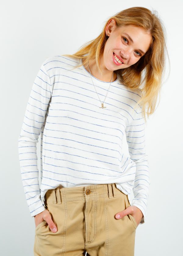 R&B The Knit Stripe Crew Neck in Blue White Discount