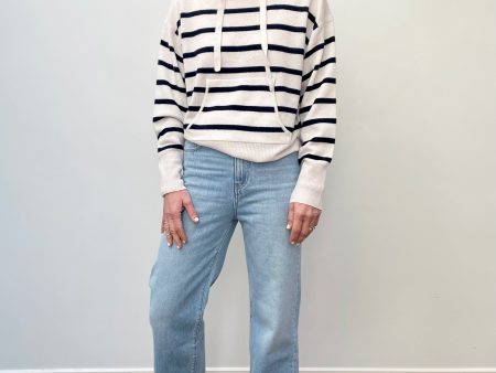 360 Geninne Striped Knit Hoodie in Alabaster, Navy Online Hot Sale