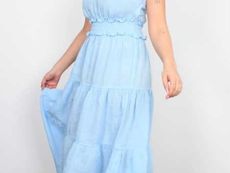 120% Lino blue waterfall linen dress on Sale