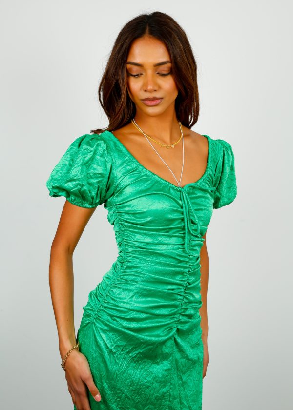 GANNI F7680 Crinkled Satin Midi Dress in Green Online Hot Sale