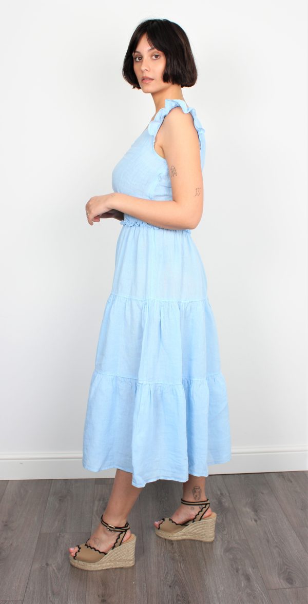 120% Lino blue waterfall linen dress on Sale