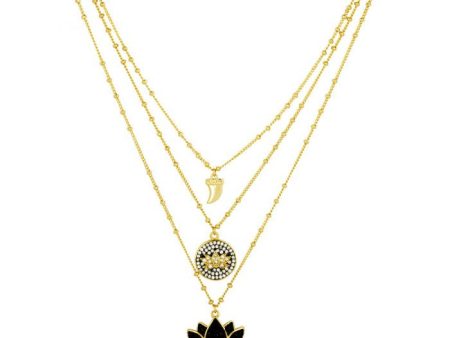 Ashiana JNC09249 Three Line Black Lotus Necklace in Gold Sale