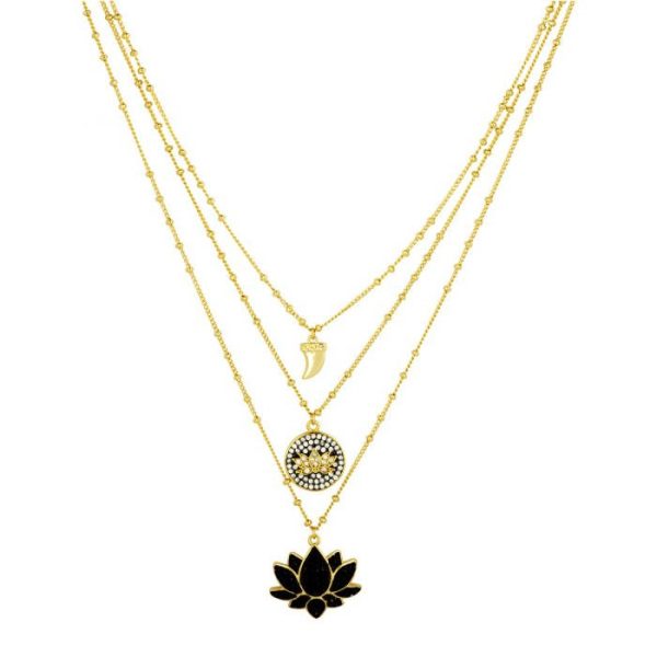 Ashiana JNC09249 Three Line Black Lotus Necklace in Gold Sale