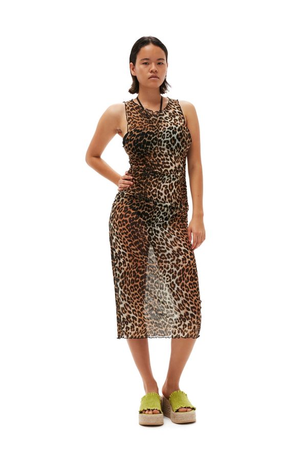 GANNI T3582 Mesh Cover Up SL Dress in Leopard Online Hot Sale