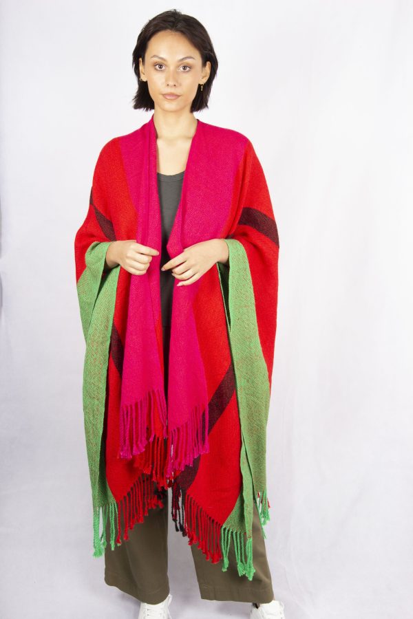 EDC Multicoloured Poncho in Red Pink and Green Hot on Sale