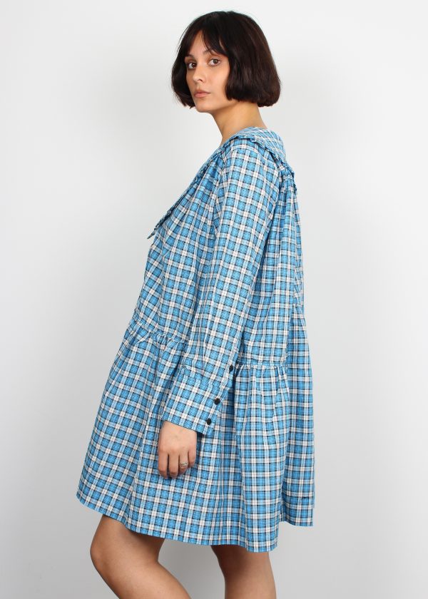 Ganni checked azure blue cotton-blend shirt dress Sale