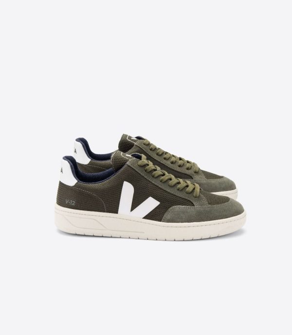 VEJA 11665 V12 Mesh Trainers in Olive and White on Sale