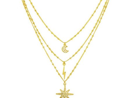 Ashiana JNC09248 3 Line Star & Moon Necklace in Gold Discount