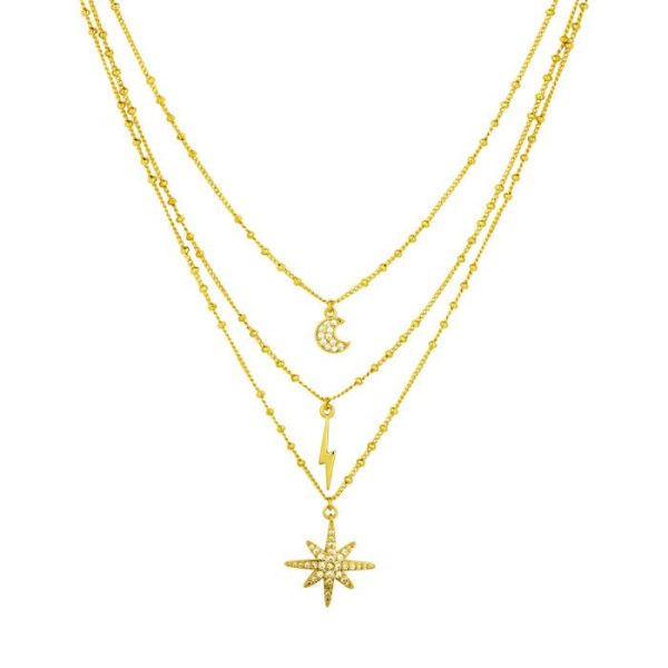 Ashiana JNC09248 3 Line Star & Moon Necklace in Gold Discount