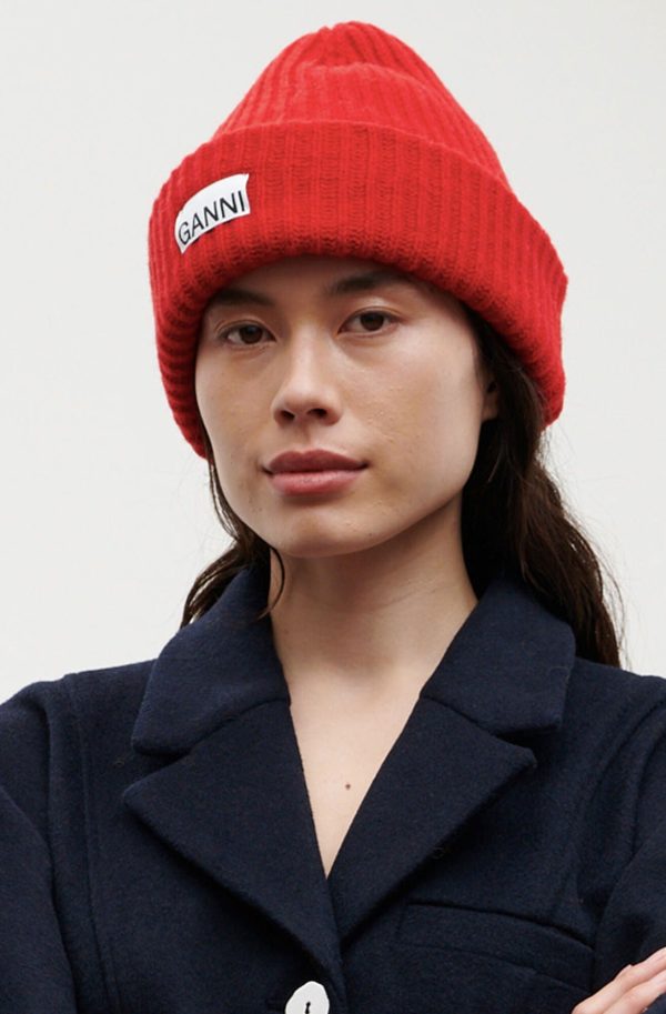 Ganni A4139 red wool beanie hat Fashion