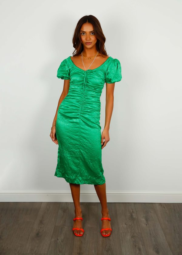 GANNI F7680 Crinkled Satin Midi Dress in Green Online Hot Sale