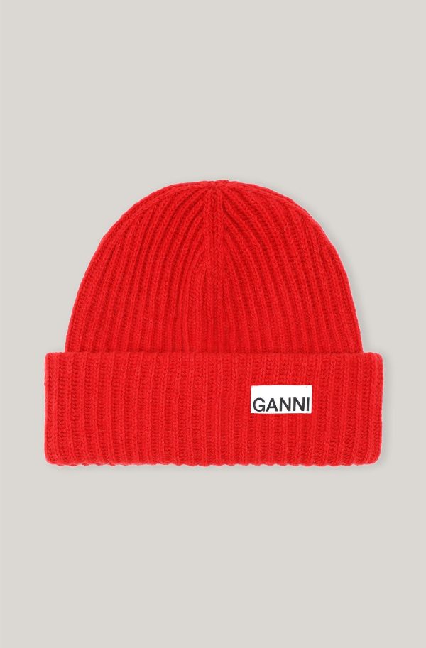 Ganni A4139 red wool beanie hat Fashion