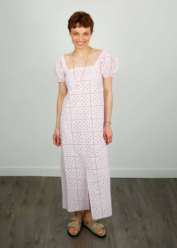 GANNI F7809 Broiderie Anglaise Midi Dress in Pink For Cheap