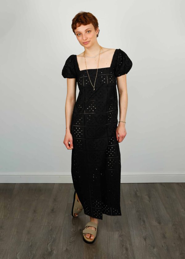 GANNI F7809 Broiderie Anglaise Midi Dress in Black on Sale