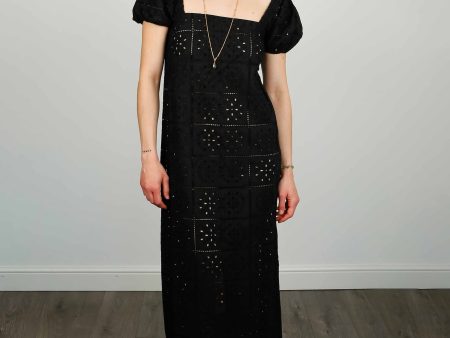 GANNI F7809 Broiderie Anglaise Midi Dress in Black on Sale