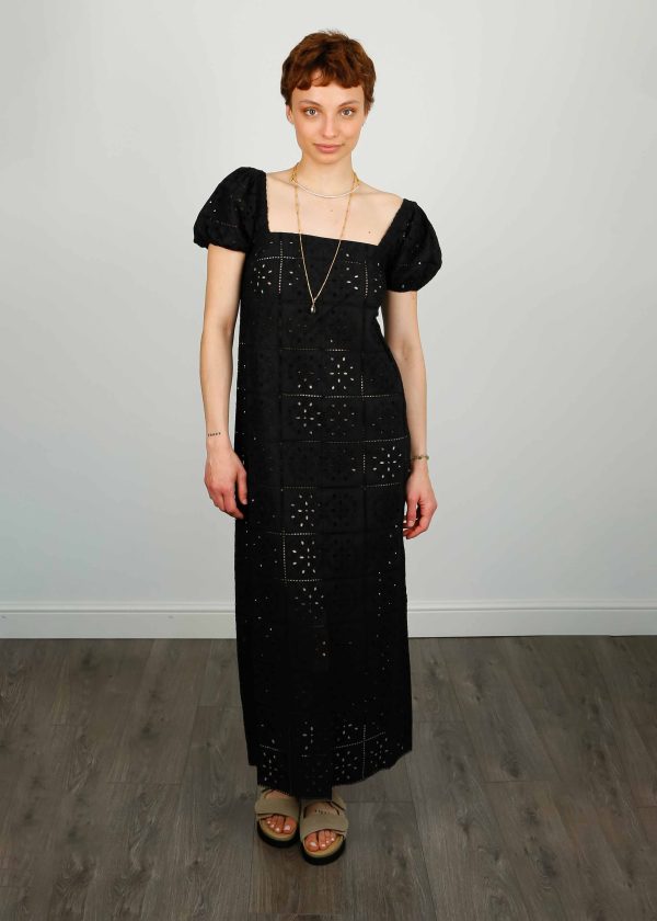 GANNI F7809 Broiderie Anglaise Midi Dress in Black on Sale